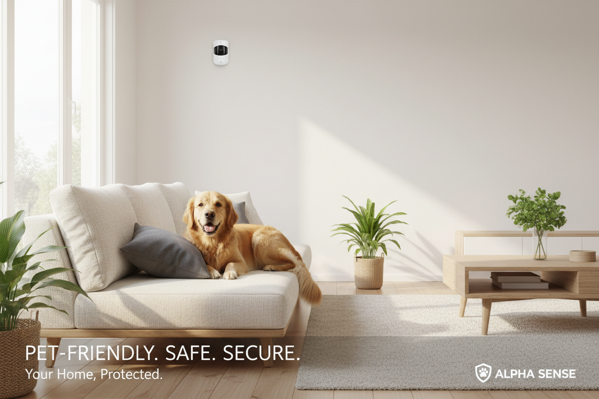 Dog sitting on a couch in a modern living room with a security camera on the wall.