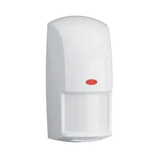 A white wall-mounted motion sensor alarm module with a small red oval indicator light, shown against a plain white background.