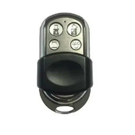A black and silver remote control key fob with four button icons, isolated on a white background.