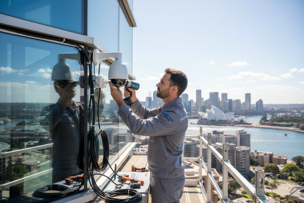 Technician in grey uniform installing a white CCTV camera on a modern building with Sydney skyline in background.