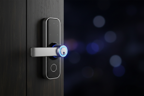 Modern smart door lock with a brushed metal handle and glowing blue LED ring on a dark wooden door.