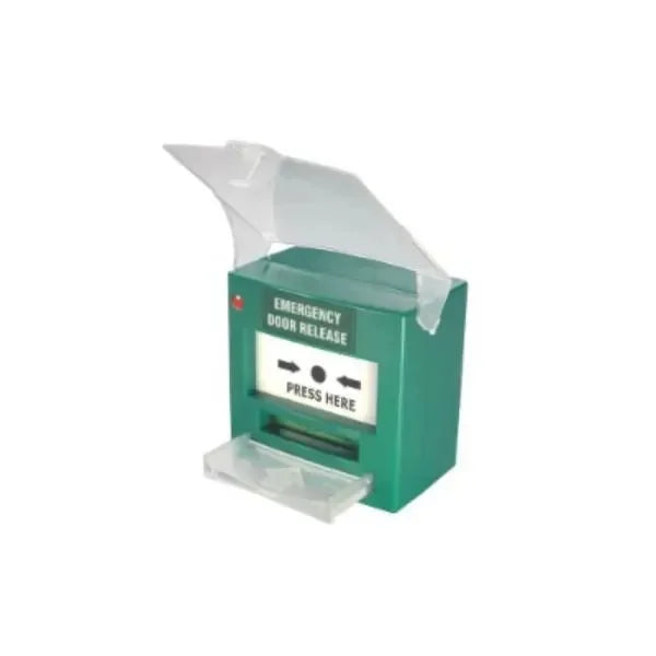 CP32G Resettable “Emergency Door Release” Text Break Glass (BGA) Green 1x DPDT Output Standard BGA Surface Mounted