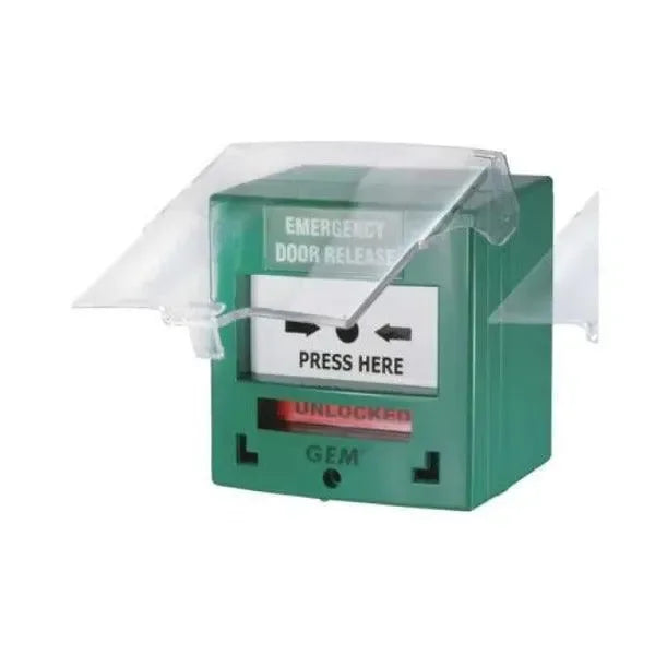 CP32G Resettable “Emergency Door Release” Text Break Glass (BGA) Green 1x DPDT Output Standard BGA Surface Mounted