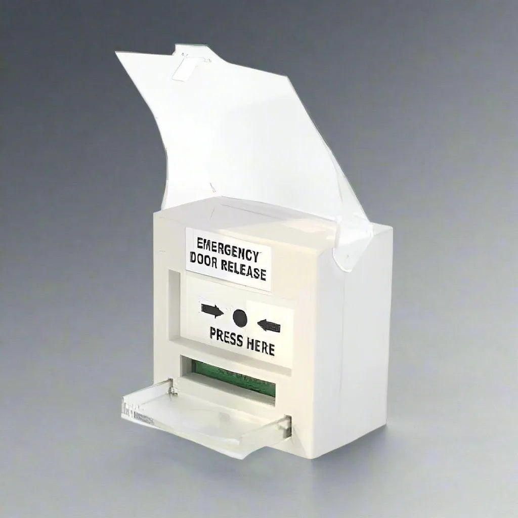CP32W Resettable “Emergency Door Release” Text Break Glass (BGA) White 1x DPDT Output Standard BGA Surface Mounted