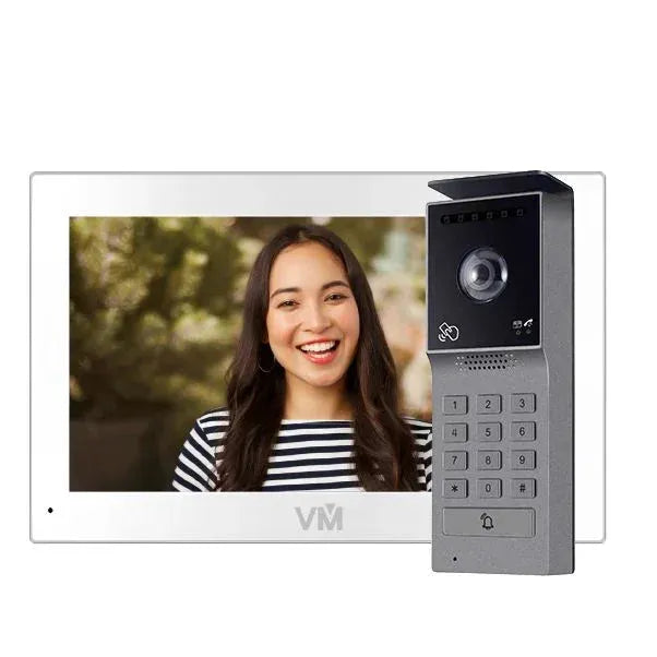 Video doorbell with screen displaying a person's face, featuring the brand 'VM'.