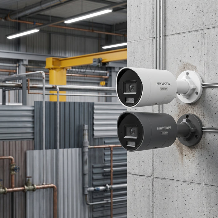 Two Hikvision bullet security cameras shown on a white background, one in white and one in black, both with visible wall-mount flanges.