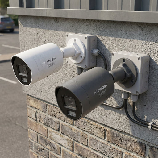 Two Hikvision bullet security cameras shown on a white background, one in white and one in black, both with visible wall-mount flanges.