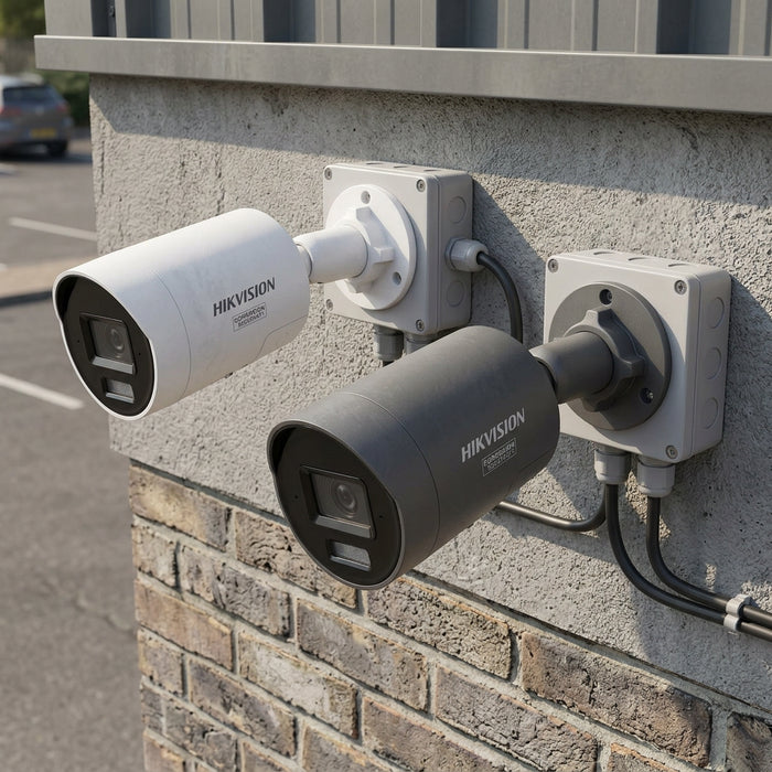Two Hikvision bullet security cameras shown on a white background, one in white and one in black, both with visible wall-mount flanges.