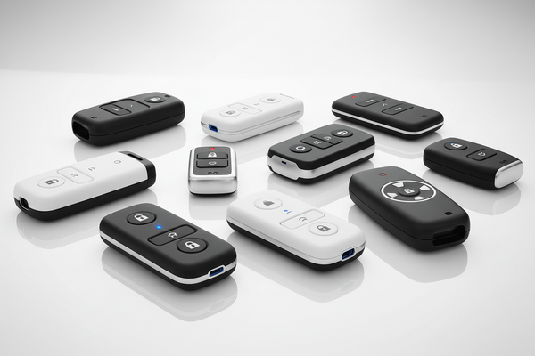 Collection of black and white remote controls on a light gray background