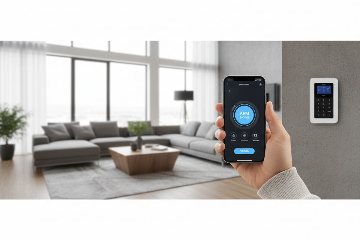 Hand holding a smartphone with a home security app in a modern living room.