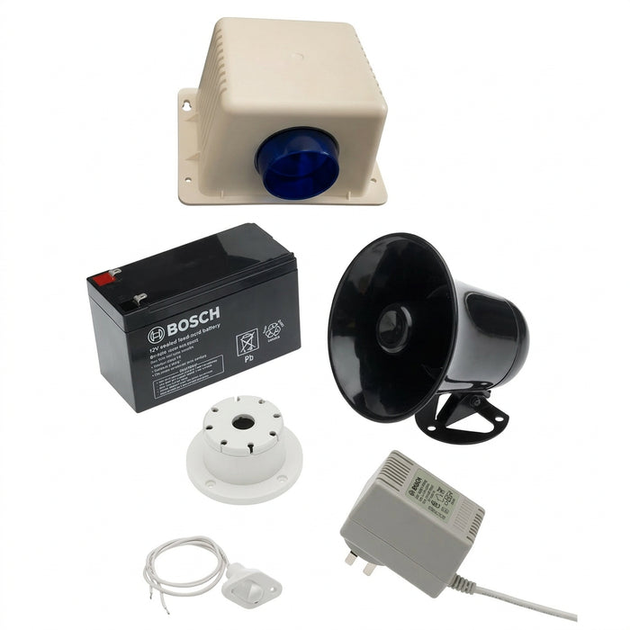 Standard siren kit with standard siren, 12 volt battery, piezo siren and power pack