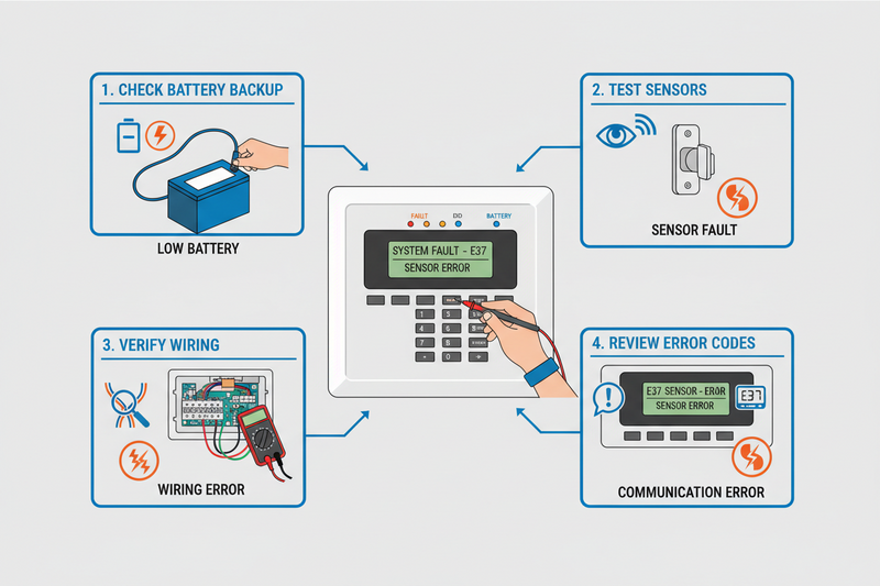 Diagram of a system fault troubleshooting process with icons and text on a light gray background.