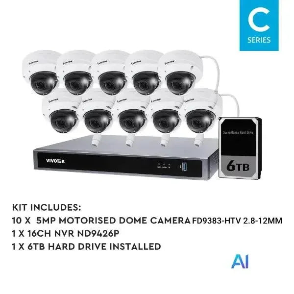 Vivotek AI 5MP Surveillance Kit, 16 Channel Kit, Motorised Dome, Kit-VIVO-AI-5MP16106DM