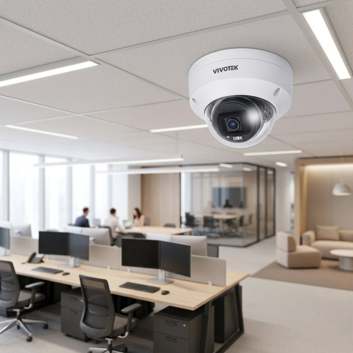 A white dome security camera with a clear protective cover over the lens, featuring the VIVOTEK brand name on the top. The camera is shown against a plain white background with a blue 'C SERIES' logo overlay in the top-left corner.