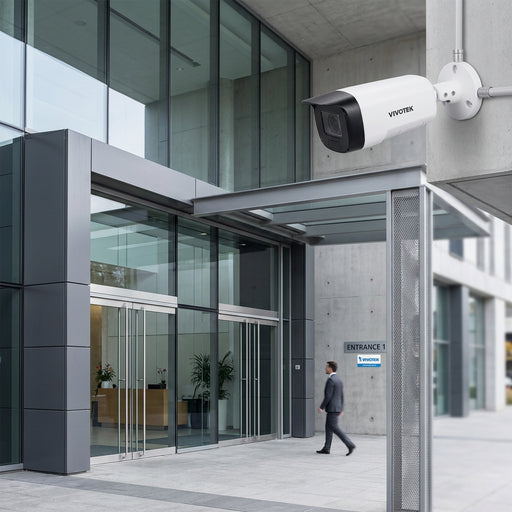 A VIVOTEK bullet security camera with a white body, black protective lens cover, and a white wall mounting bracket, shown on a solid white background.