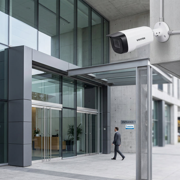 A VIVOTEK bullet security camera with a white body, black protective lens cover, and a white wall mounting bracket, shown on a solid white background.