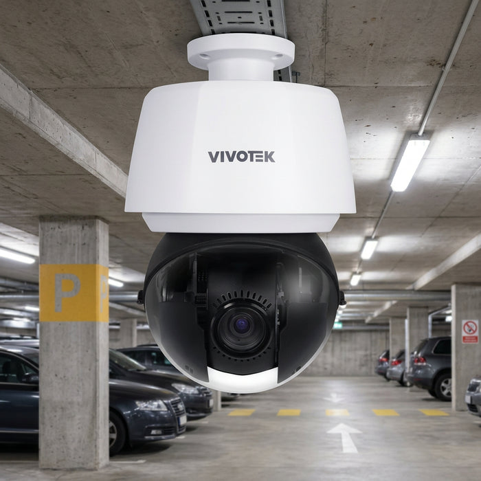 A VIVOTEK dome security camera with a white upper housing and a black lower dome containing the lens, shown against a plain white background.