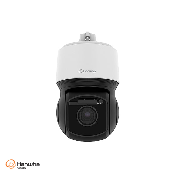 Security camera with white top and black bottom on a white background, featuring Hanwha Vision logo.