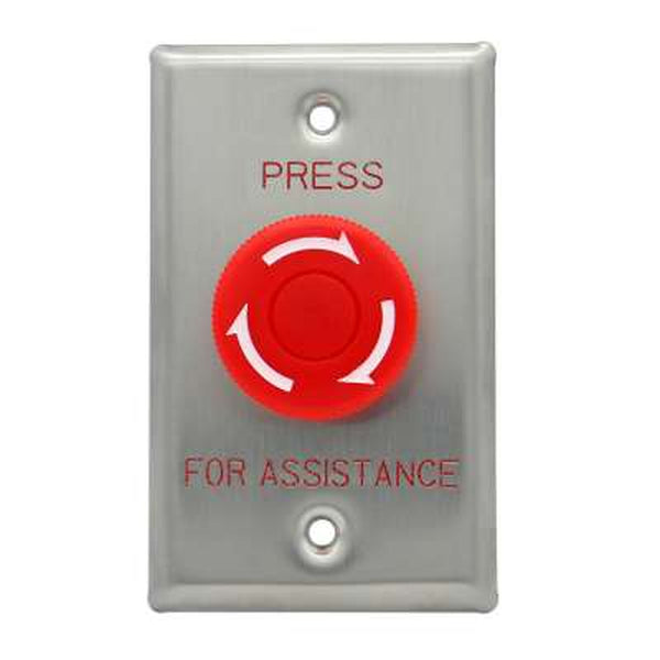 Press for Assistance Button, Big Mushroom, Red, Twist to Reset Stainless Steel
